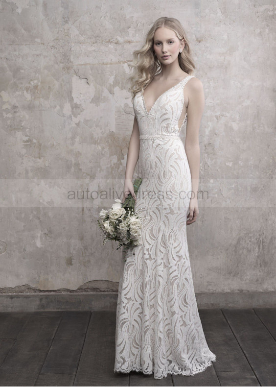 Sleeveless V Neck Beaded Ivory Lace V Back Wedding Dress